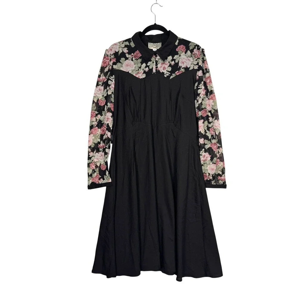 Collectif London‎ Dress 18 Black Floral Mesh Sleeve Retro Rockabilly Pinup Midi